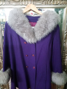 Large Vintage Purple Coat With Faux Fur Trim VTG SEARS