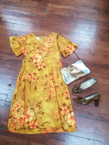 Large Royal Hawaiian Print Dress Mustard Hibiscus Flowers Tiki Spring Dress