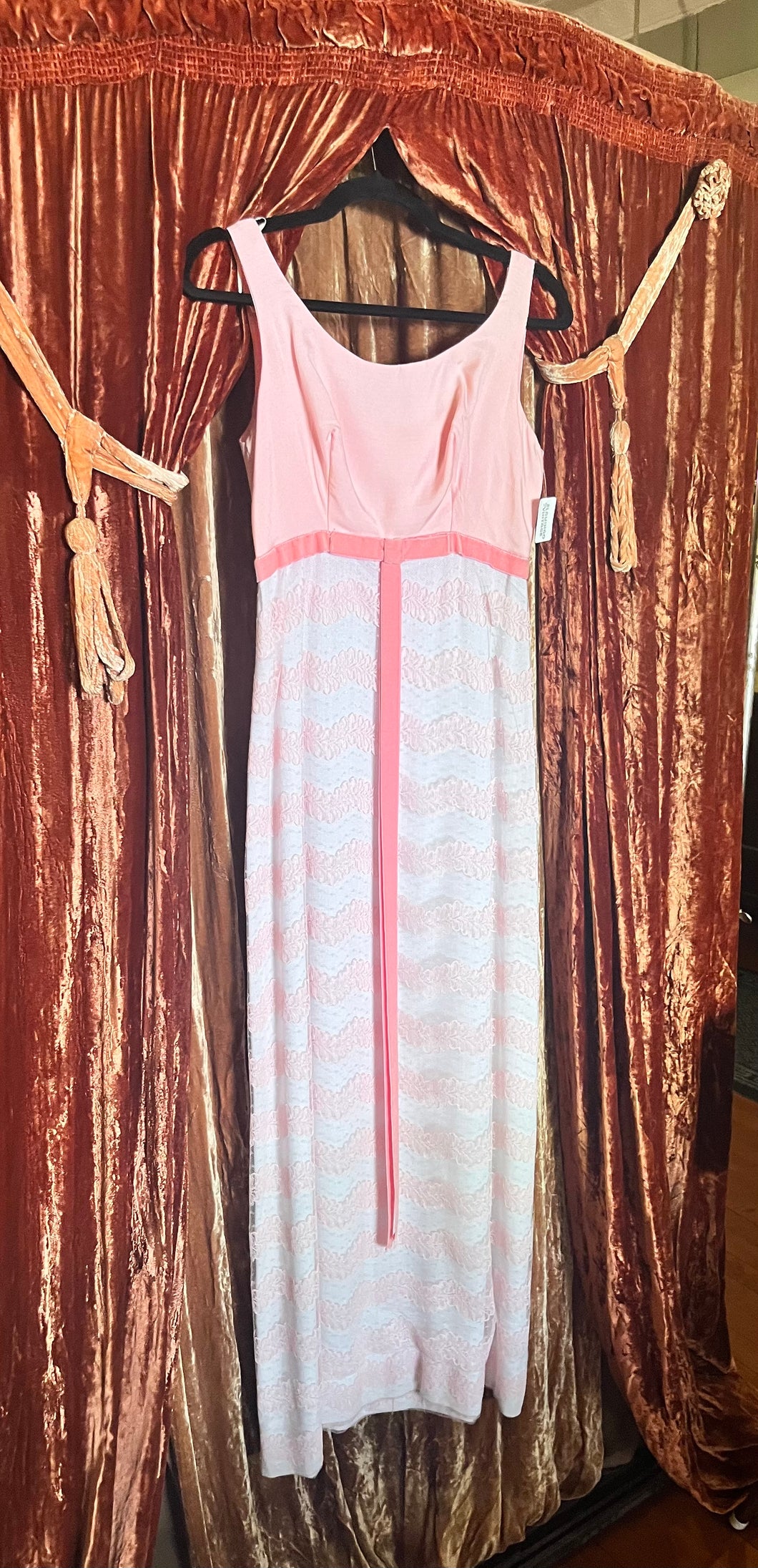 Size 6 Pink Lace Maxi Dress with Velvet Ribbon
