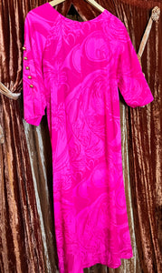 XXL Hot Pink Tiki Barkcloth Maxi Dress